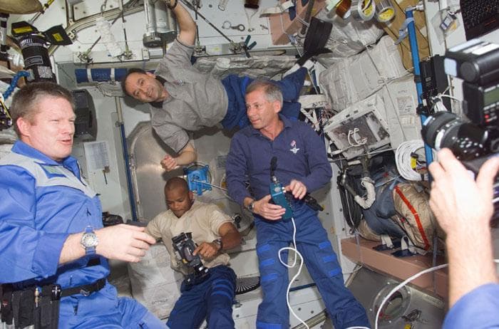 NASA image: Astronaut Shepherd and STS-98 crewmembers in Node 1/Unity module