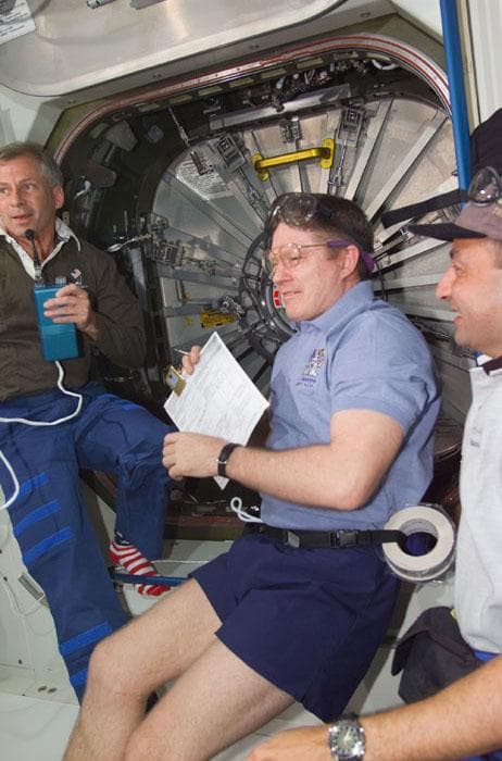 NASA image: Astronauts Cockrell, Shepherd and Polansky prior to hatch opening
