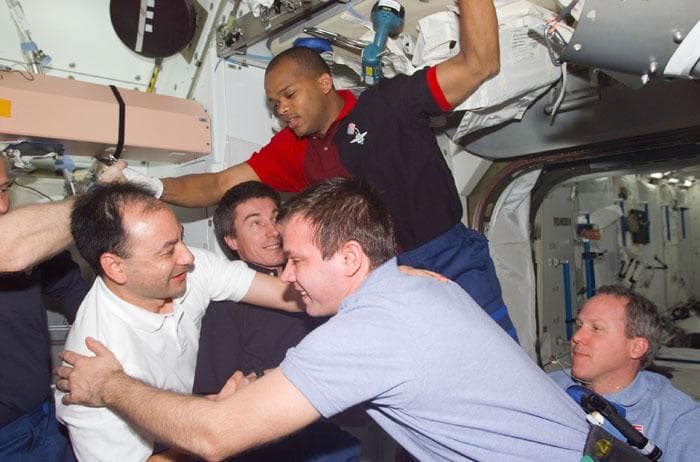NASA image: STS-98 and Expedition One crew say goodbye