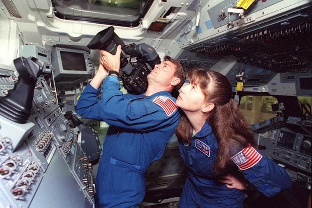 NASA image: Astronauts Ashby and Coleman practice with High Definition Video Camera