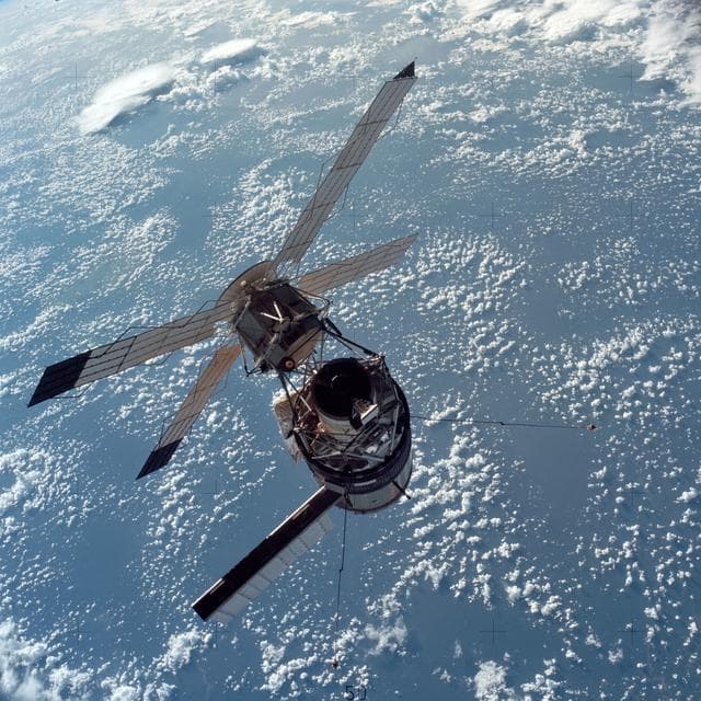 NASA image: View of the Skylab space station cluster photographed against black sky