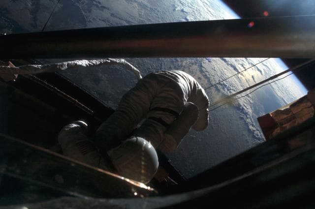 NASA image: Skylab Astronaut participates in EVA to deploy twin pole solar shield