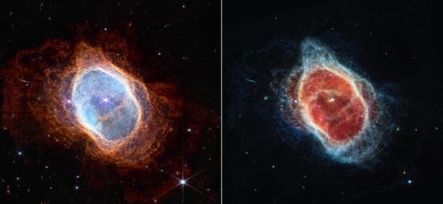 NASA image: James Webb Space Telescope Southern Ring Nebula (NIRCam and MIRI Images Side by Side)