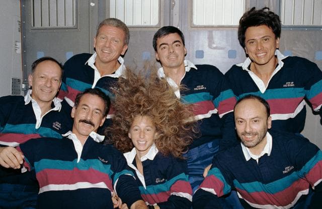 NASA image: STS-46 crew poses for onboard (in-space) portrait on OV-104's middeck