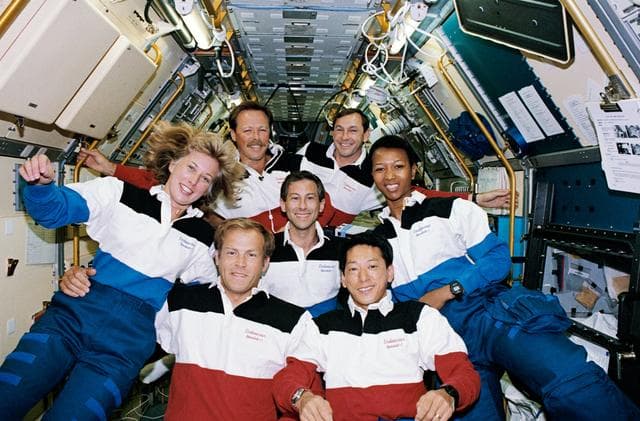 NASA image: STS-47 crew poses for official onboard (in space) portrait in SLJ module