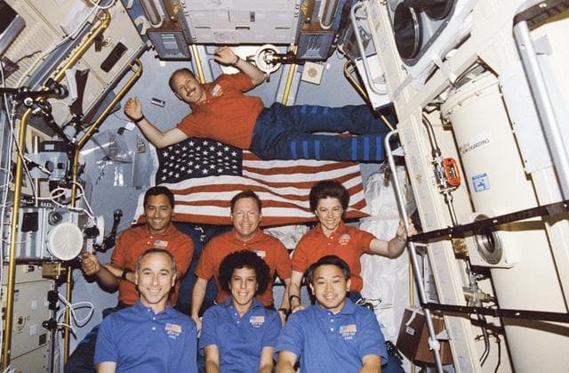 NASA image: In orbit crew portrait of STS-50 crewmembers in the spacelab.