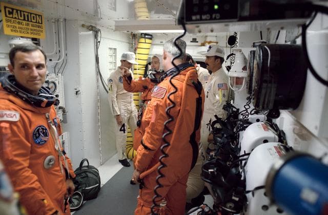 NASA image: STS-51 crew seen in White room prior to launch of Discovery