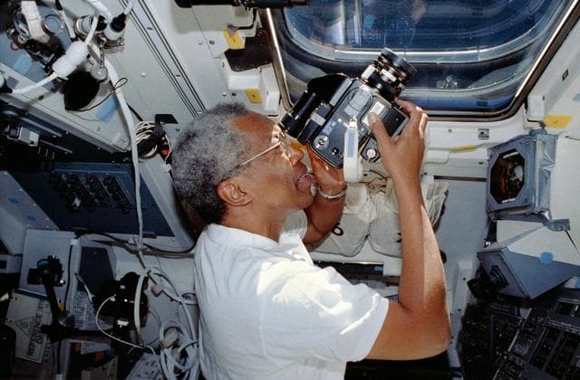 NASA image: Crewmembers in the aft flight deck.