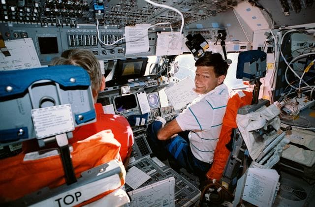 NASA image: Crewmembers in the forward flight deck.