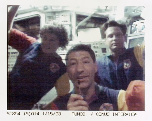 NASA image: STS-54 MS1 Runco talks to radio station from OV-105's aft flight deck