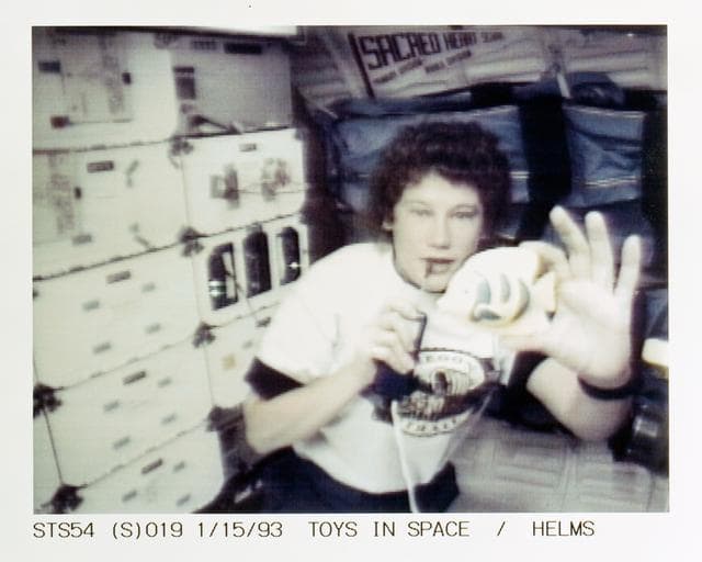 NASA image: STS-54 MS3 Helms uses DSO 802 & Physics of Toys fish toy on OV-105's middeck