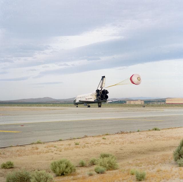 STS-55 Columbia, OV-102, drag chute deployment during landing at EAFB, Calif