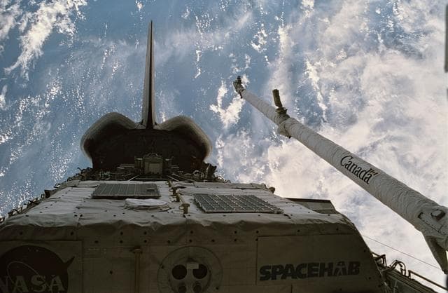 NASA image: View of payloads in the STS-60 Discovery's payload bay while in orbit