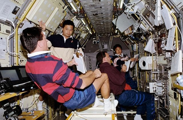 NASA image: STS-65 crew works inside the IML-2 spacelab module aboard Columbia, OV-102