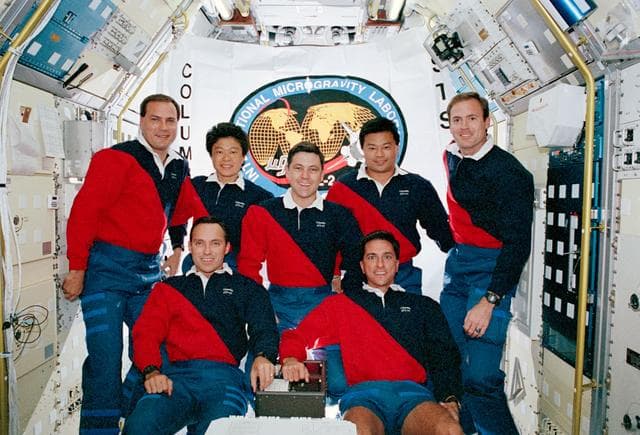 NASA image: STS-65 crew onboard portrait in IML-2 spacelab module with mission flag