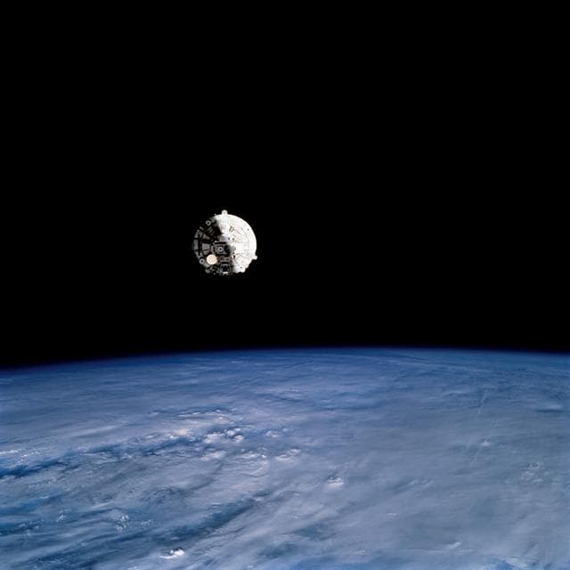 NASA image: Wake Shield Facility prior to being re-captured on September 14, 1995