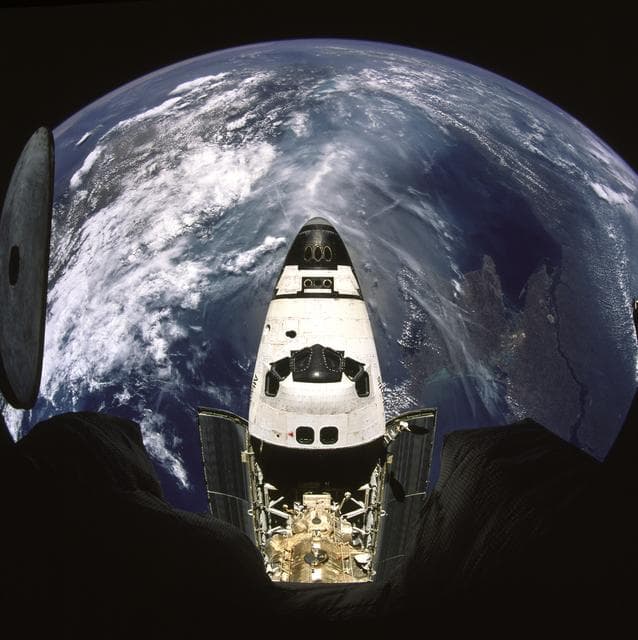 NASA image: Fisheye view of Atlantis from Mir space station
