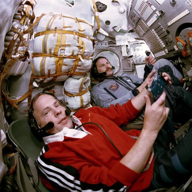 NASA image: Cosmonauts Solovyev and Budarin conduct checkout of communications systems