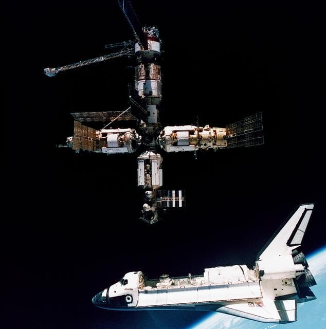 NASA image: A view of Atlantis preparing to dock with the Mir Space Station on STS-71