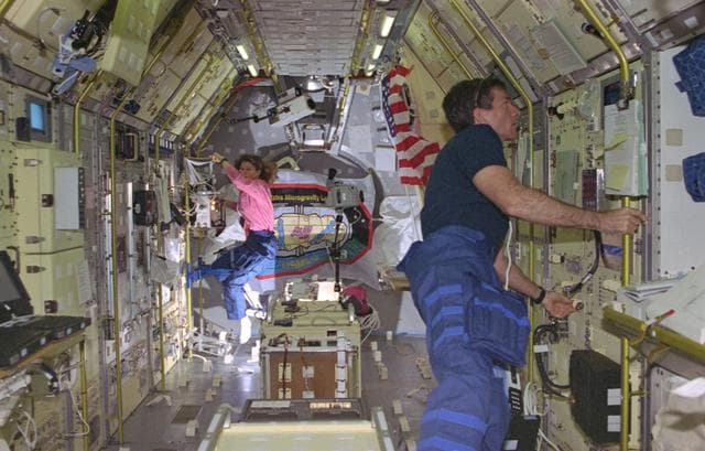 NASA image: STDCE, Payload Specialist Fred Leslie works at the STDCE rack in USML-2 Spacelab