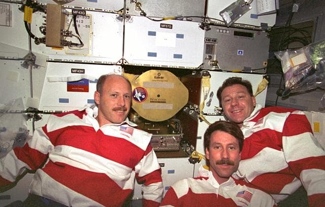 NASA image: Al Sacco, Ken Bowersox and Kent Rominger pose in middeck
