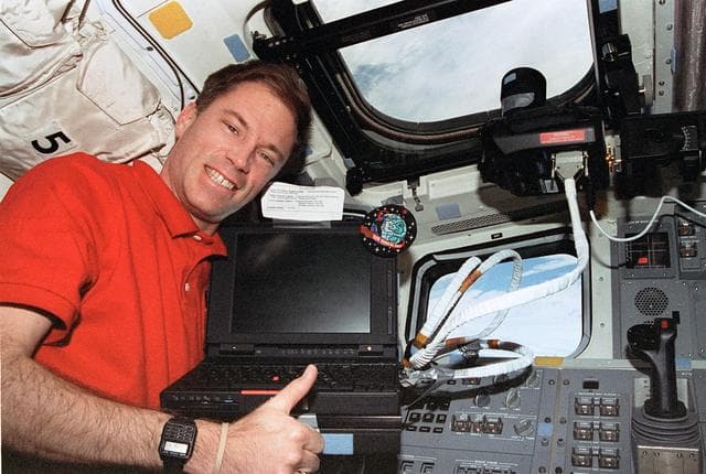NASA image: KidSat, view of setup and Rick Searfoss in flight deck