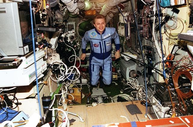 NASA image: Opening the hatch and welcome ceremony in the Mir Space Station