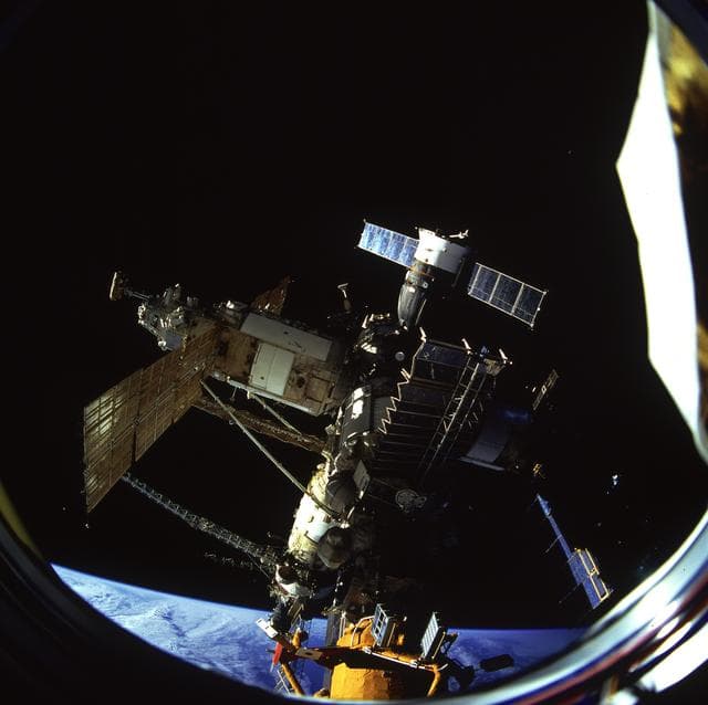 NASA image: Mir complex docked to shuttle Atlantis