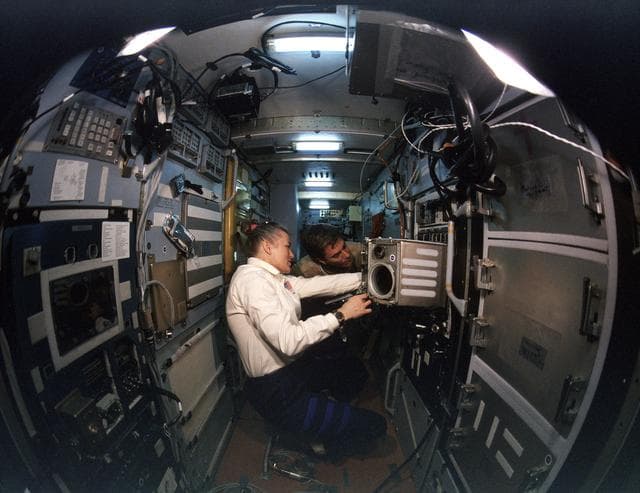 NASA image: MS Lucid and Blaha with MGBX aboard the Mir space station Priroda module