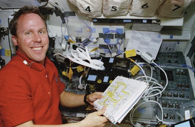 NASA image: OSVS, video and computer equipment in flight deck
