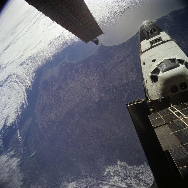 NASA image: View of the nose of the orbiter taken from the Mir space station