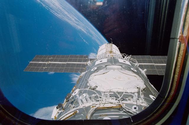 NASA image: ISS stack in the Endeavour's payload bay as seen from aft flight deck