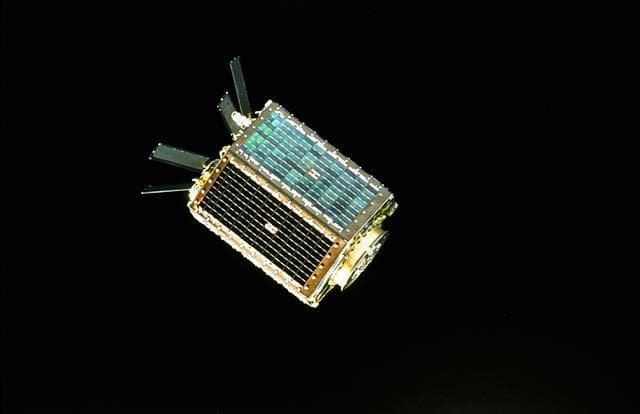 NASA image: View of the MightySat 1 satellite after it was deployed