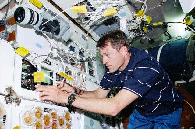 NASA image: STS-93 Pilot Ashby works with the STL-B experiment on the middeck
