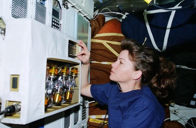 NASA image: STS-93 MS Coleman checks on the LFSAH experiment on the middeck of Columbia