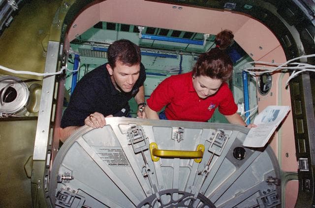 NASA image: Rick Husband and Tamara Jernigan perform IFM on Node 1/Unity aft hatch