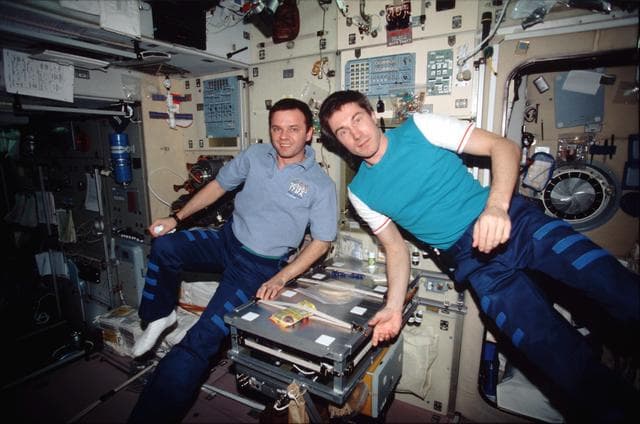 NASA image: Expedition One crewmembers pose for photo in Service Module