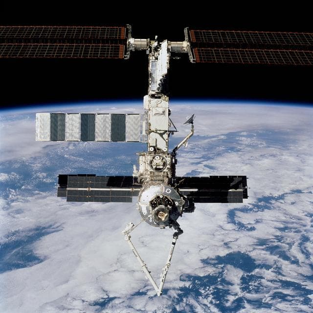 NASA image: Forward view of the ISS taken during the final flyaround of the STS-100 mission