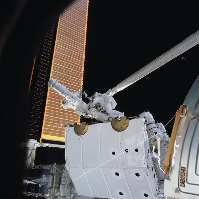 NASA image: MS Hadfield and MS Parazynski raise the SSRMS from the SLP during an EVA for STS-100