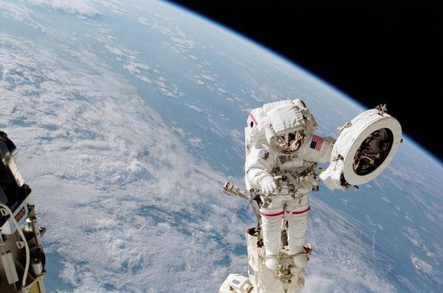 NASA image: Chang-Diaz positioned on the RMS holding PDGF against Earth limb during STS-111 UF-2 EVA 1