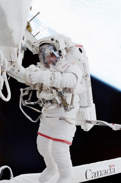 NASA image: Chang-Diaz at work next to MBS in Endeavour's PLB during STS-111 UF-2 EVA 1