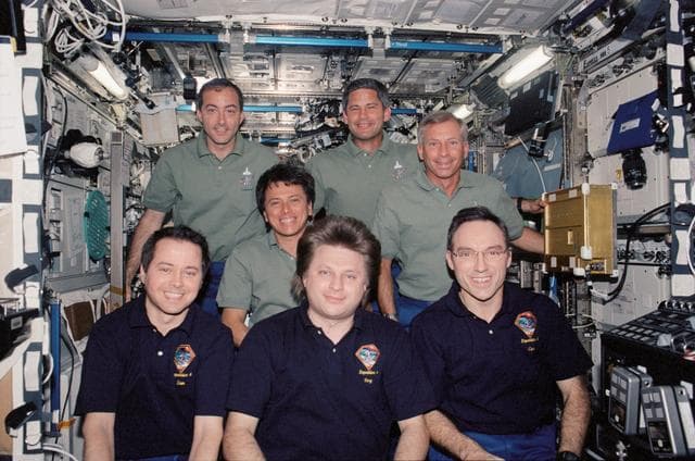 NASA image: STS-111 UF-2 and Expedition Four crews group portrait in U.S. Lab