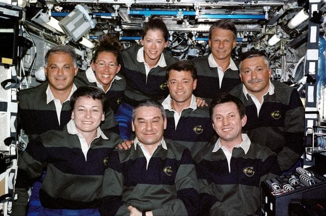 NASA image: Expedition 5 and STS-112 crews pose for portrait in Destiny module