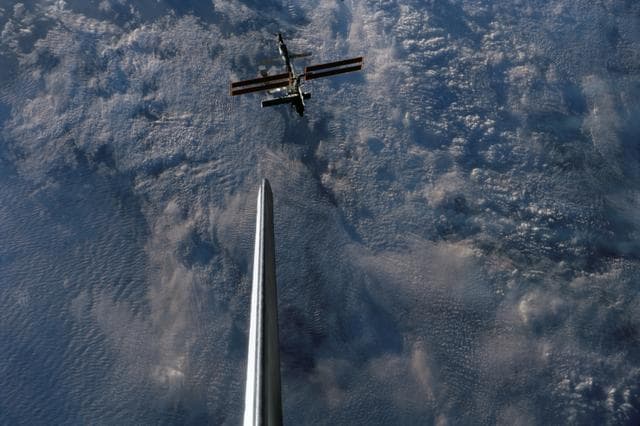NASA image: Forward zenith view of the ISS taken during STS-112 9A Flyaround