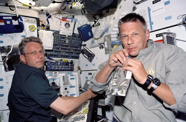 NASA image: Sellers and Reiter on the MDK at meal time during STS-121